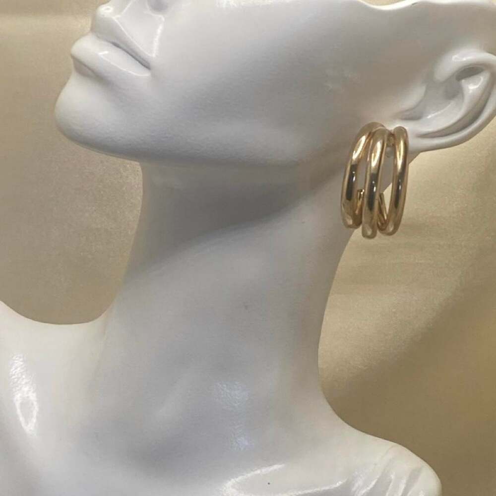 Vintage Gold Tone Triple Hoop Earrings 80s 90s Statement Chunky Sculptural